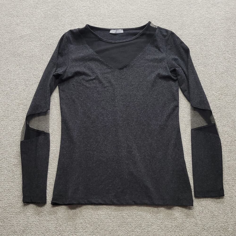Milan Kiss Womens Small Gray Long Sleeve Top Mesh Cutout V Neck Blouse